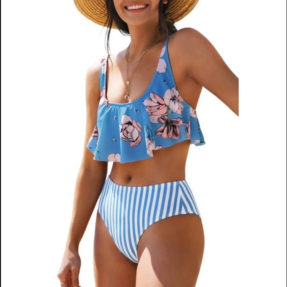 🔥NWT-Blue Floral Ruffle Mid Waisted Two Piece Bathing Suit🔥 - Picture 1 of 8